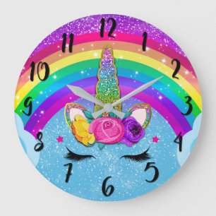 Regenbogen Glitzer Einhorn Horn Gesicht Große Wanduhr