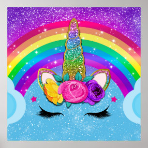 Regenbogen Glitzer Einhorn Horn Gesicht Party Poster