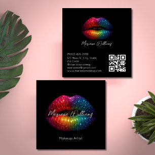 Regenbogen Glitzer Lips Make-Artist qr Code schwar Quadratische Visitenkarte