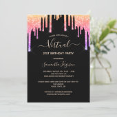 Regenbogen-Glitzer zum Virtuellen Geburtstag, Rose Einladung (Stehend Vorderseite)