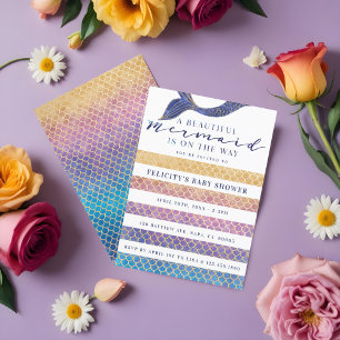 Regenbogen + Goldene Meerjungenskala & Stipe Babyd Einladung