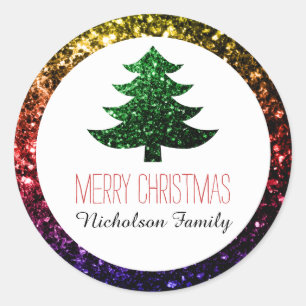Regenbogen + Grüne Weihnachtsbaum Glitzern Geschen Runder Aufkleber
