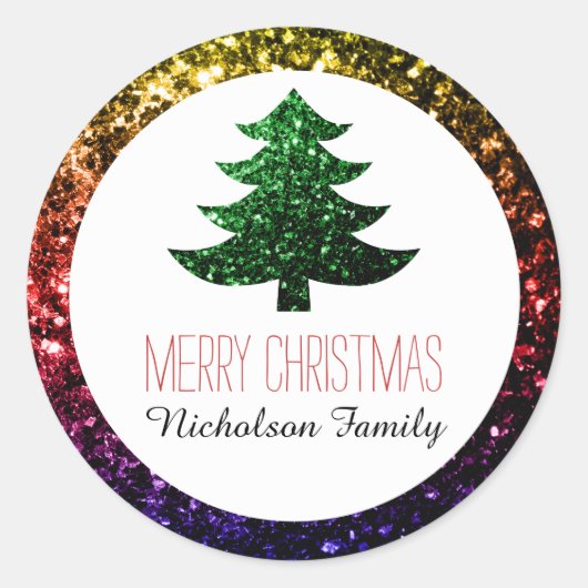 Regenbogen + Grüne Weihnachtsbaum Glitzern Geschen Runder Aufkleber (Vorderseite)
