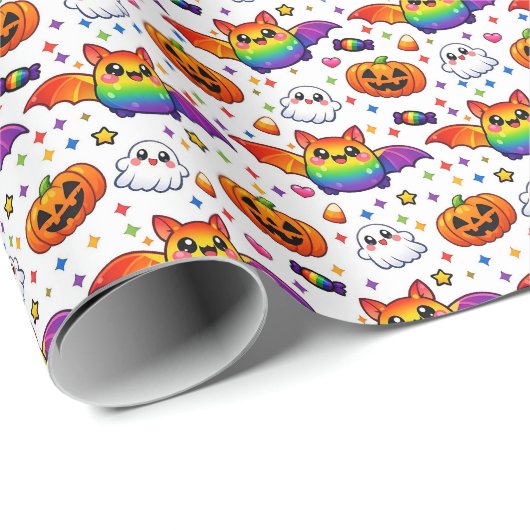 🌈🦇 Regenbogen-Grusel-Party Geschenkpapier (Rolleneckpunkt)