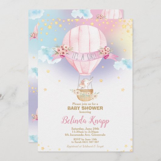 Regenbogen-Heißluft-Ballon-Baby-Duschen-Elefant Einladung (Vorne/Hinten)