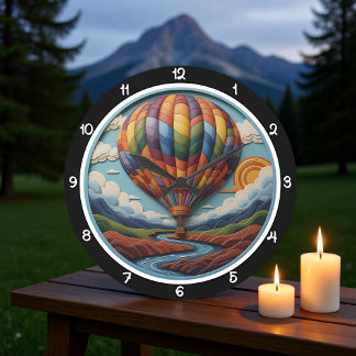 Regenbogen-Heißluftballon über Fluss Große Wanduhr