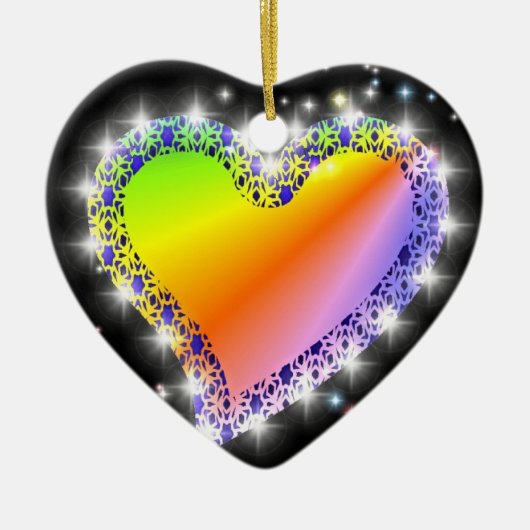 Regenbogen-Herz mit Sternchen auf schwarz Keramik Ornament (Vorne)