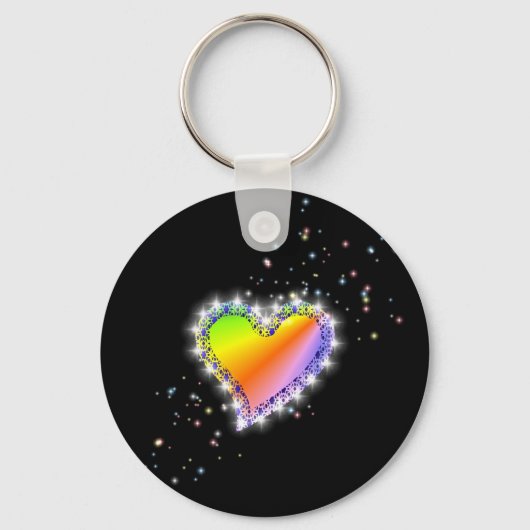 Regenbogen-Herz mit Sternchen auf schwarz Schlüsselanhänger (Vorderseite)