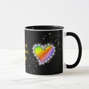 Regenbogen-Herz mit Sternchen auf schwarz Tasse
