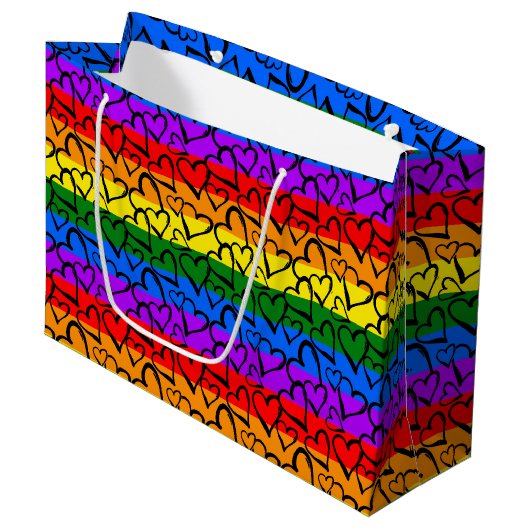 Regenbogen Herzmuster Große Geschenktüte (Vorderseite Schrägansicht)