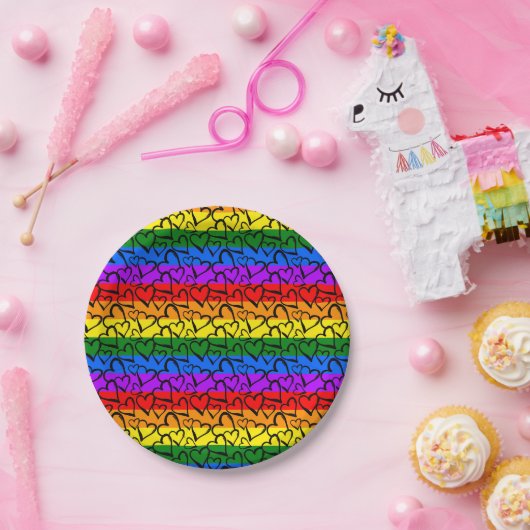 Regenbogen Herzmuster Pappteller (Party)