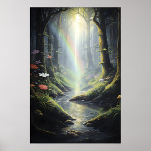 Regenbogen im magischen Wald, dunkelgrüner Wald mi Poster