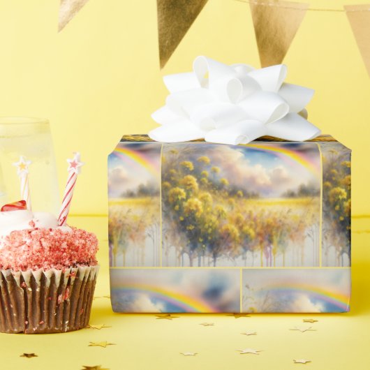 Regenbogen in Aquarellfarben über dem Feld Wildblu Geschenkpapier (Geburtstagsparty)