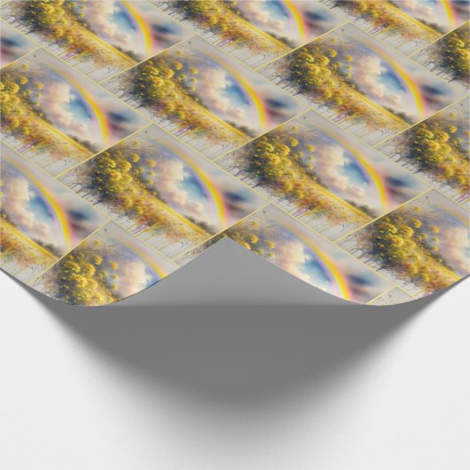 Regenbogen in Aquarellfarben über dem Feld Wildblu Geschenkpapier (Ecke)