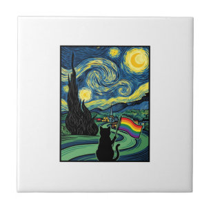 Regenbogen-Katz-Nachtlandschaft-Vektor-Shirt-Desig Fliese