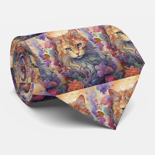 Regenbogen Katze Blumen Schmetterling Boho Krawatte (Gerollt)
