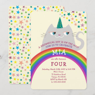 Regenbogen-Katze-Einhorn-Mädchen 4. Geburtstag Einladung