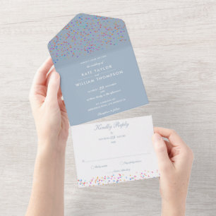 Regenbogen-Konfetti Dusty Blue Monogramm-Hochzeit All In One Einladung
