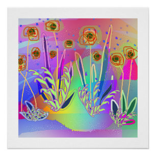 Regenbogen Kritzelblüten Zeitgenössische Blumenmus Poster