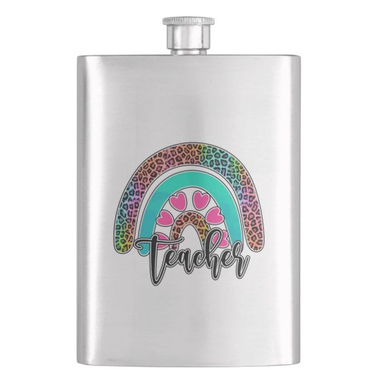 Regenbogen-Lehrerin - farbenfrohe Leopard-Printwer Flachmann (Vorderseite)