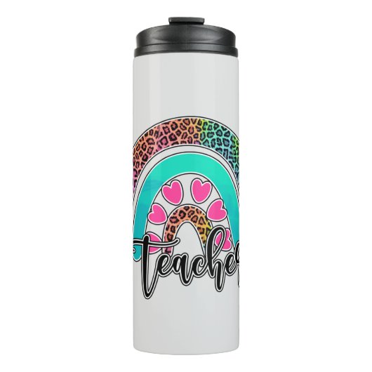 Regenbogen-Lehrerin - farbenfrohe Leopard-Printwer Thermosbecher (Vorderseite)