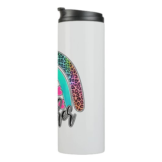 Regenbogen-Lehrerin - farbenfrohe Leopard-Printwer Thermosbecher (Nach rechts gedreht)