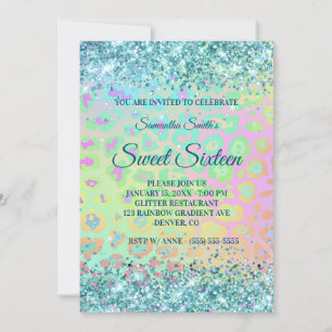 Regenbogen-Leopard-Faux-Teal-Glitter Sweet 16 Einladung