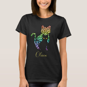 Regenbogen-Leoparden-Druck Katzen-Silhouette & sch T-Shirt