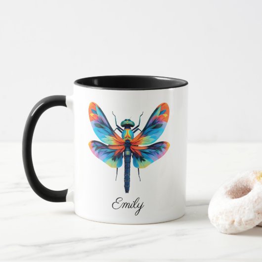 Regenbogen Libelle Personalisierter Name Tasse (Mit Donut)