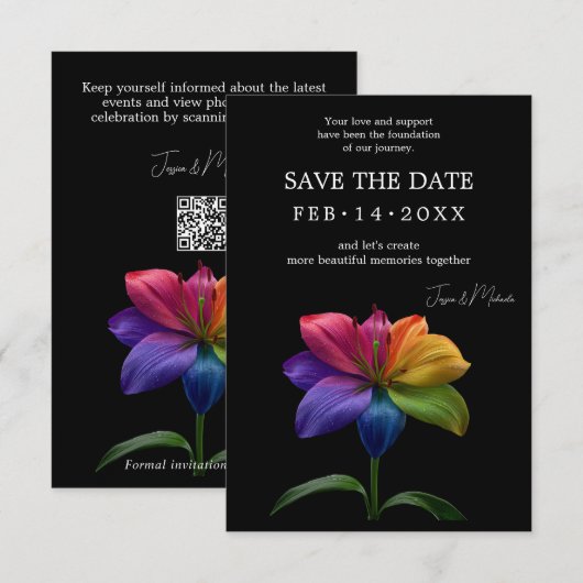 🌈 Regenbogen-Lily Save the Date — QR-Update (Vorne/Hinten)