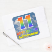 Regenbogen-Look "11" & "GLÜCKLICHER GEBURTSTAG", W Quadratischer Aufkleber (Umschlag)