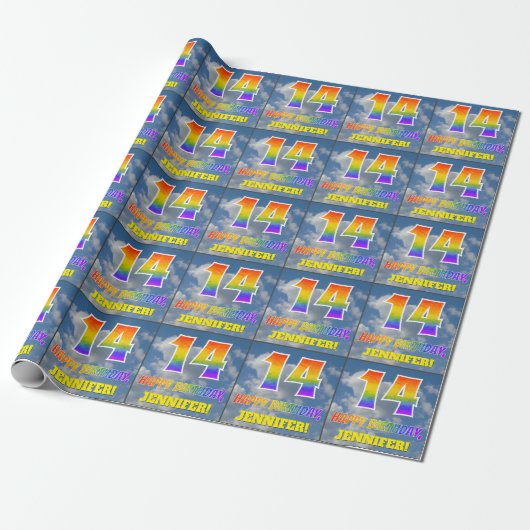 Regenbogen-Look "14" & "GLÜCKLICHER GEBURTSTAG", W Geschenkpapier (Ungerollt)
