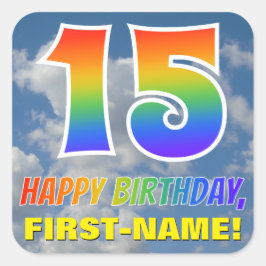 Regenbogen-Look "15" & "HAPPY BIRTHDAY", Wolken, H Quadratischer Aufkleber