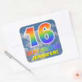Regenbogen-Look "16" & "GLÜCKLICHER GEBURTSTAG", W Quadratischer Aufkleber (Umschlag)