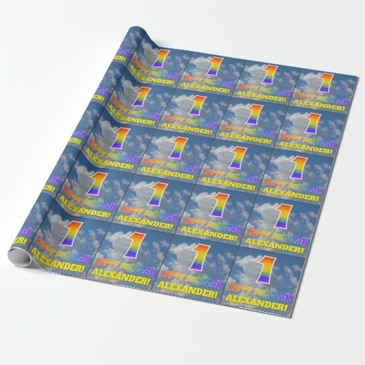 Regenbogen-Look "1" & "HAPPY BIRTHDAY", Wolken, Hi Geschenkpapier (Ungerollt)