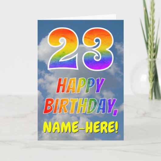 Regenbogen-Look "23" & "HAPPY BIRTHDAY", Wolken, H Karte (Vorderseite)