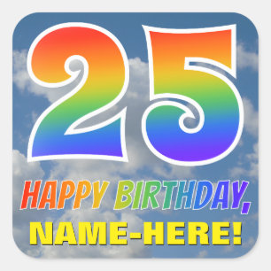 Regenbogen-Look "25" & "HAPPY BIRTHDAY", Wolken, H Quadratischer Aufkleber