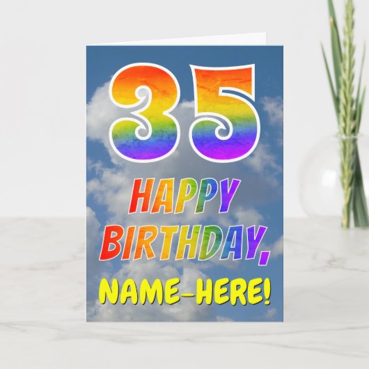 Regenbogen-Look "35" & "HAPPY BIRTHDAY", Wolken, H Karte (Vorderseite)