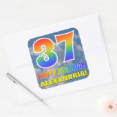 Regenbogen-Look "37" & "GLÜCKLICHER GEBURTSTAG", W Quadratischer Aufkleber (Umschlag)