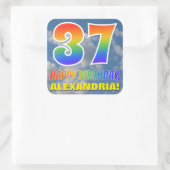 Regenbogen-Look "37" & "GLÜCKLICHER GEBURTSTAG", W Quadratischer Aufkleber (Tasche)