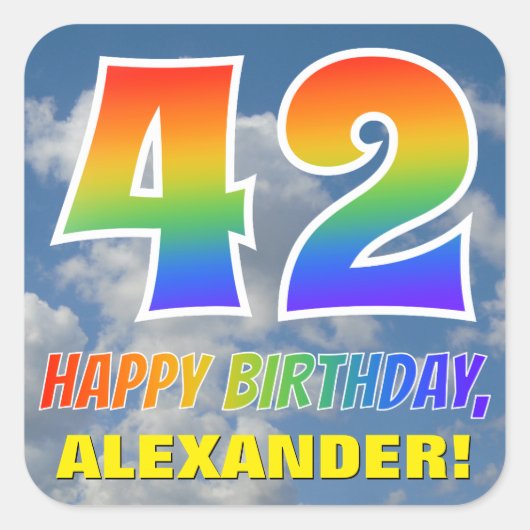 Regenbogen-Look "42" & "HAPPY BIRTHDAY", Wolken, H Quadratischer Aufkleber (Vorderseite)