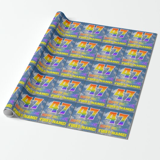 Regenbogen-Look "47" & "HAPPY BIRTHDAY", Wolken, H Geschenkpapier (Ungerollt)