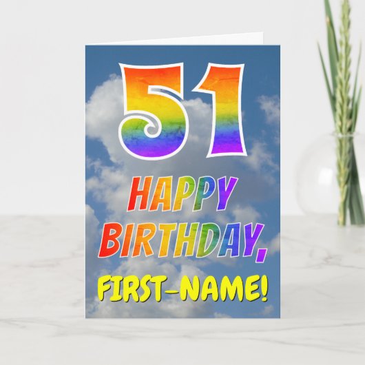 Regenbogen-Look "51" & "HAPPY BIRTHDAY", Wolken, H Karte (Vorderseite)