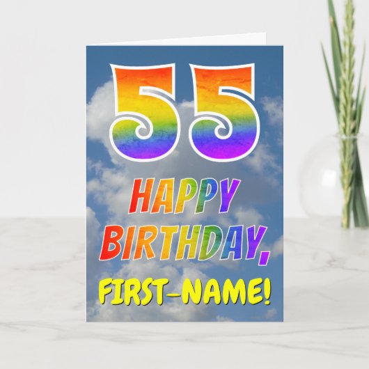 Regenbogen-Look "55" & "HAPPY BIRTHDAY", Wolken, H Karte (Vorderseite)