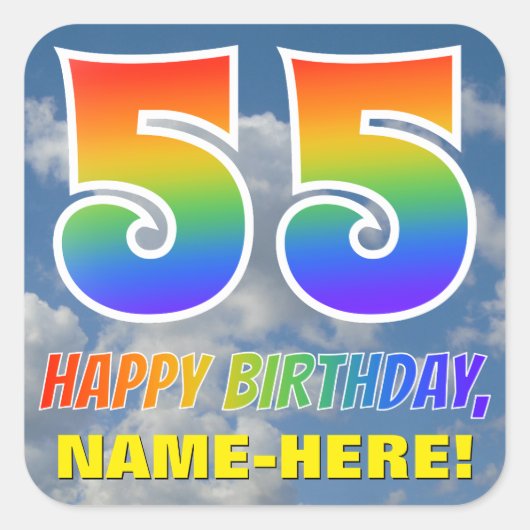 Regenbogen-Look "55" & "HAPPY BIRTHDAY", Wolken, H Quadratischer Aufkleber (Vorderseite)