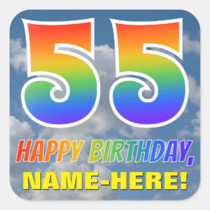 Regenbogen-Look "55" & "HAPPY BIRTHDAY", Wolken, H Quadratischer Aufkleber