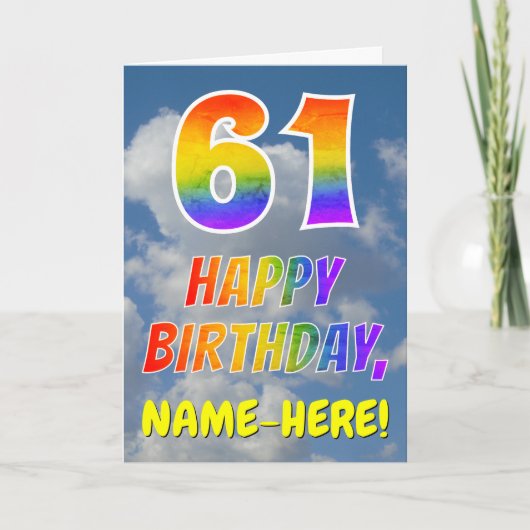 Regenbogen-Look "61" & "HAPPY BIRTHDAY", Wolken, H Karte (Vorderseite)