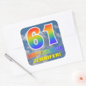 Regenbogen-Look "61" & "HAPPY BIRTHDAY", Wolken, H Quadratischer Aufkleber (Umschlag)