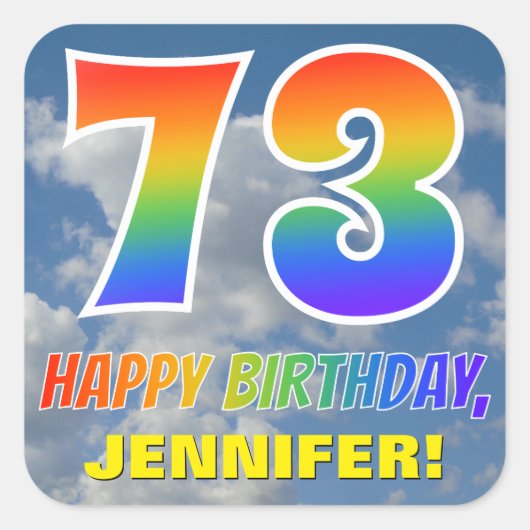 Regenbogen-Look "73" & "HAPPY BIRTHDAY", Wolken, H Quadratischer Aufkleber (Vorderseite)