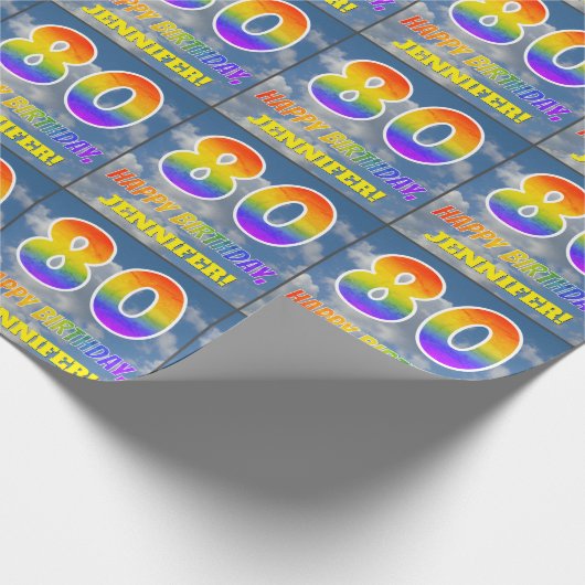 Regenbogen-Look "80" & "HAPPY BIRTHDAY", Wolken, H Geschenkpapier (Ecke)